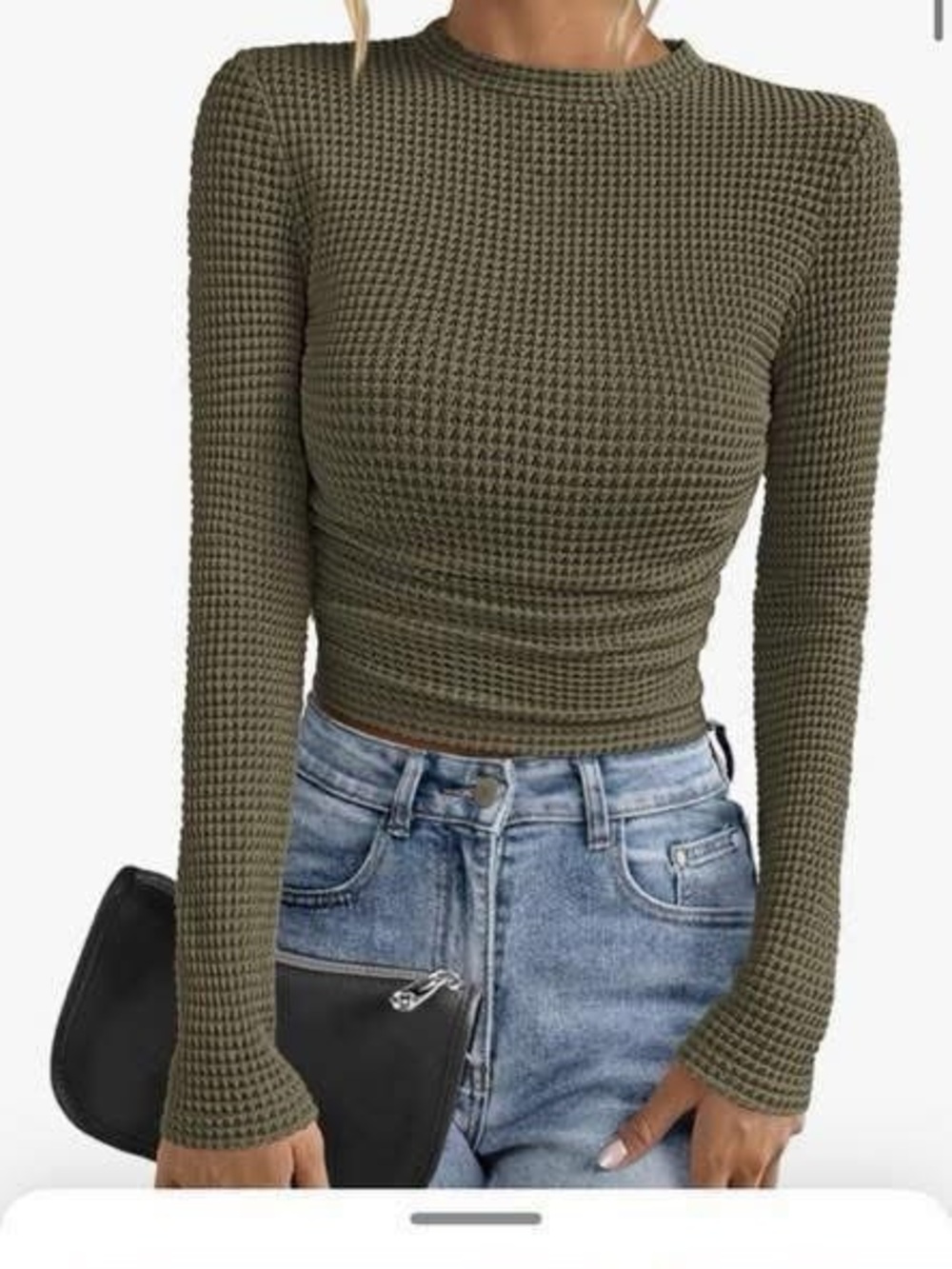 Textured Long Sleeve Cropped Top - Olive Green